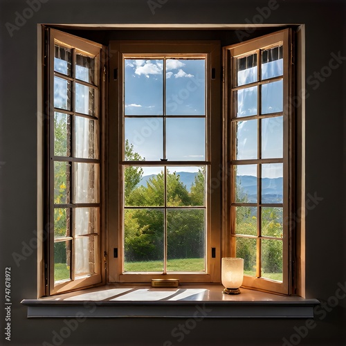 window in the window  Wide open window with amazing countryside view on foggy day. stay home concept. scenery view