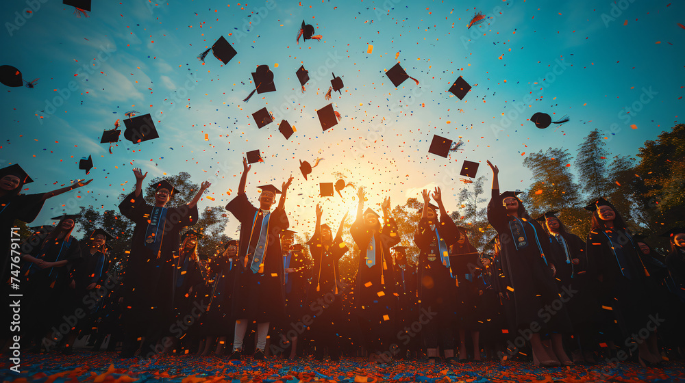 Group of cheerful student throwing graduation hats in the air celebrating, education concept with students celebrate success with hats and certificates - obrazy, fototapety, plakaty 