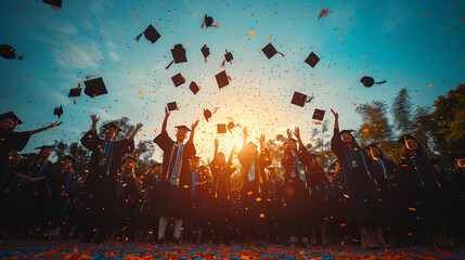 Group of cheerful student throwing graduation hats in the air celebrating, education concept with students celebrate success with hats and certificates