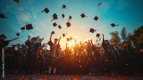 Group of cheerful student throwing graduation hats in the air celebrating, education concept with students celebrate success with hats and certificates photo