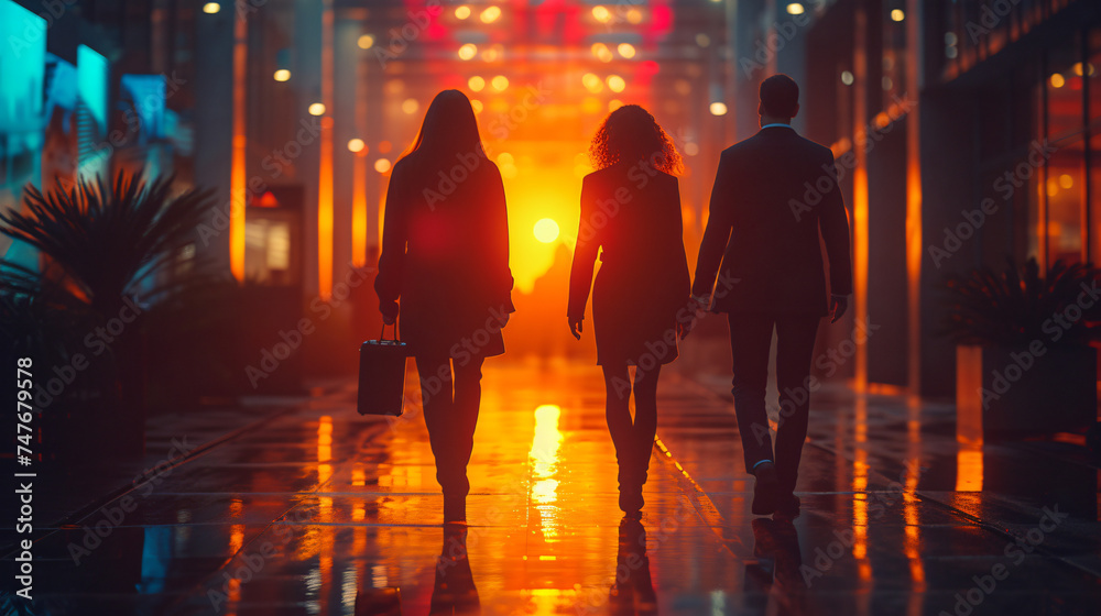 Night, tablet and business people walking in office after finishing work task. Tech, overtime and Asian woman with group of friends going home after working late on sales project in dark workplace. Night, tablet and business people walking in office after finishing work task. Tech, overtime and Asian woman with group of friends going home after working late on sales project in dark workplace.