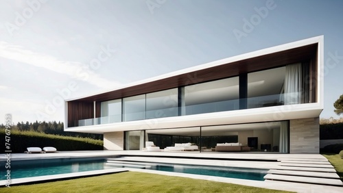 Modern villa with a minimalist exterior, incorporating clean lines and large glass panels