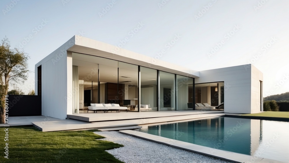 Modern villa with a minimalist exterior, incorporating clean lines and large glass panels