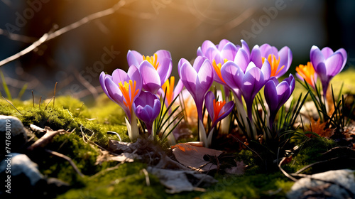 Spring Crocus Flowers. Beautiful Purple Crocuses Close Up on a Sunny Day