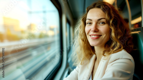 Happy Young Woman Looking Out the Train Window