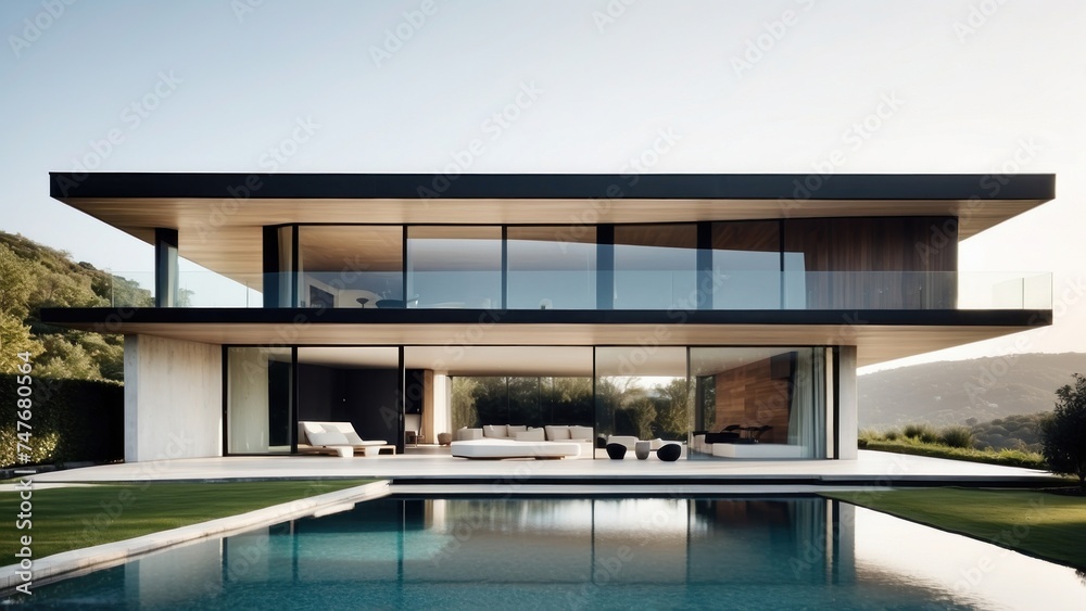 Fototapeta premium Modern villa with a minimalist exterior, incorporating clean lines and large glass panels
