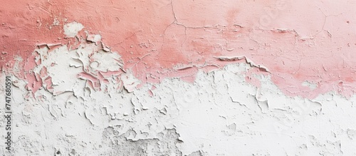 A photograph showing a textured pink concrete wall with peeling white paint in the background.