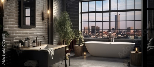 This modern and classic loft bathroom features a luxurious tub, sleek sink, and a spacious window filling the room with natural light. The beautiful tile decor adds a touch of elegance to the space. photo