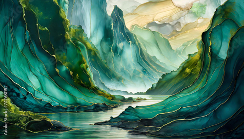 Zielone tło. Textura górski krajobraz abstrakcyjny, akwarela © Iwona