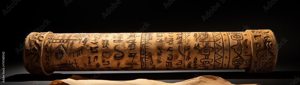 An ancient scroll containing mysterious symbols - obrazy, fototapety, plakaty 