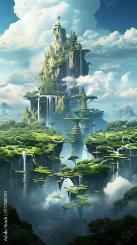 A surreal landscape with floating islands and cascading waterfalls