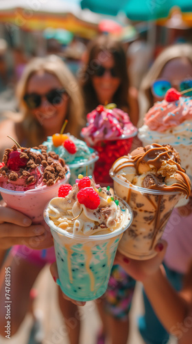 Beautiful young woman with ice creams outdoors ai