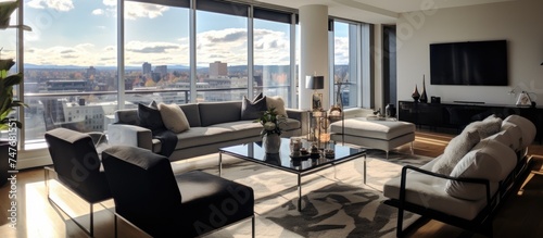 A fully furnished living room in a high-end luxury apartment in downtown Montreal. The room is filled with stylish furniture and features a large window, allowing natural light to fill the space. © Vusal