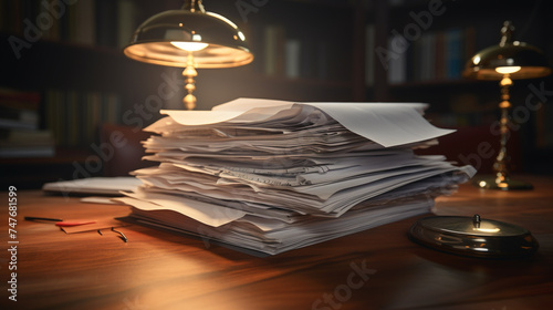 Desk lamp shining on a stack of contracts photo