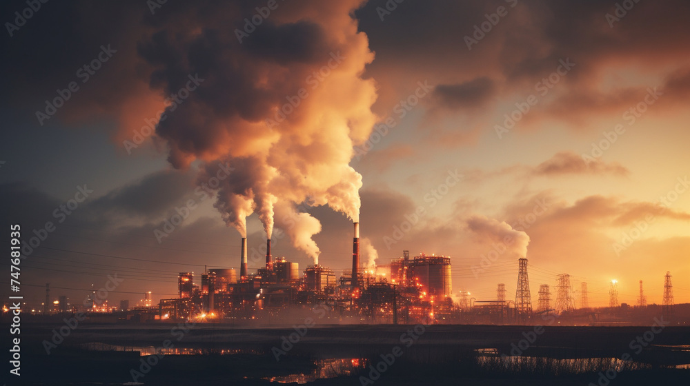 The soft glow of artificial light illuminating the smoke and pollution of an industrial plant
