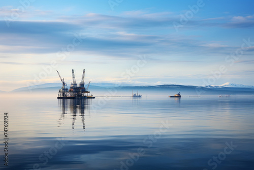 Tranquil water landscape juxtaposed with an oil drilling platform in the distance