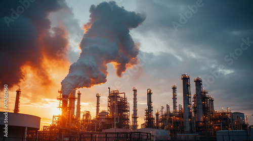 A close-up view of a refinery emitting smoke into the sky
