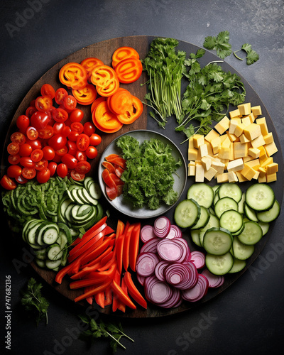 Fresh vegetables sliced and arranged in a gourmet style