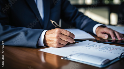 A businessman reviewing a balance sheet photo