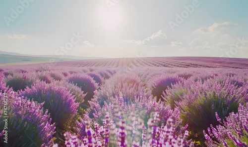 Amazing view of blooming lavender flower field in sunny summer day background Generative AI