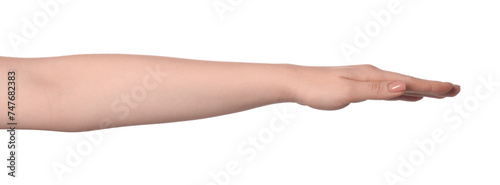 Playing rock, paper and scissors. Woman showing paper sign on white background, closeup © New Africa