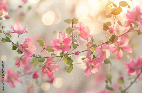 A beautiful pink and green floral background with bokeh and open copy space. 