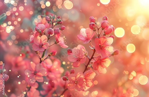 A beautiful pink and green floral background with bokeh and open copy space. 