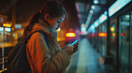 Enjoying travel. Young woman waiting on station platform on background light electric moving train using smart phone in night. Tourist text message and plan route of stop railway, railroad transport. photo