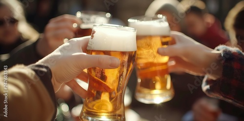 Gruppe von Menschen stößt mit einem Glas Bier an, Konzept Bier trinken in einer Bar photo