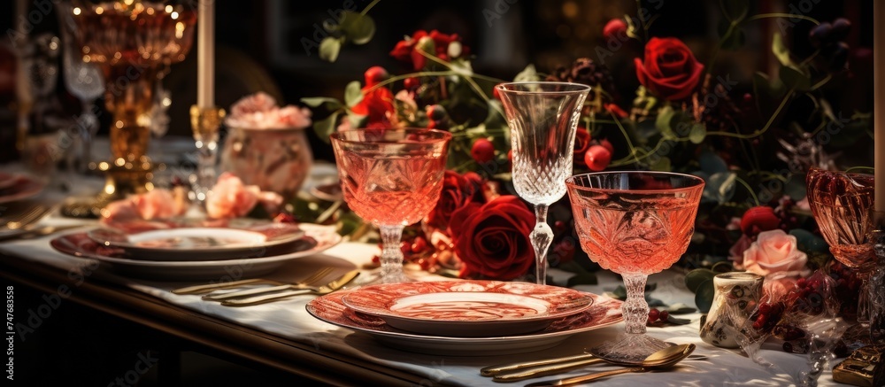A table is elegantly decorated with plates and glasses filled with vibrant red flowers, creating a festive and celebratory ambiance.