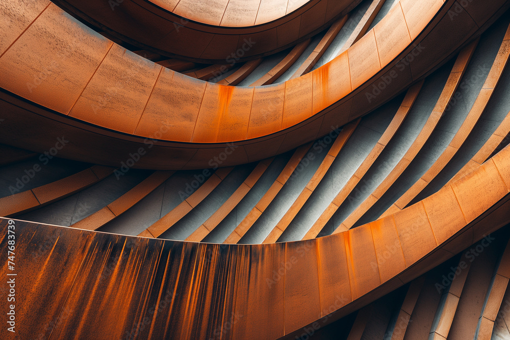 Obraz premium Spiral curved structure. Rustic grunge abstract of metal wall. Suitable for various design modern Architecture. generative ai