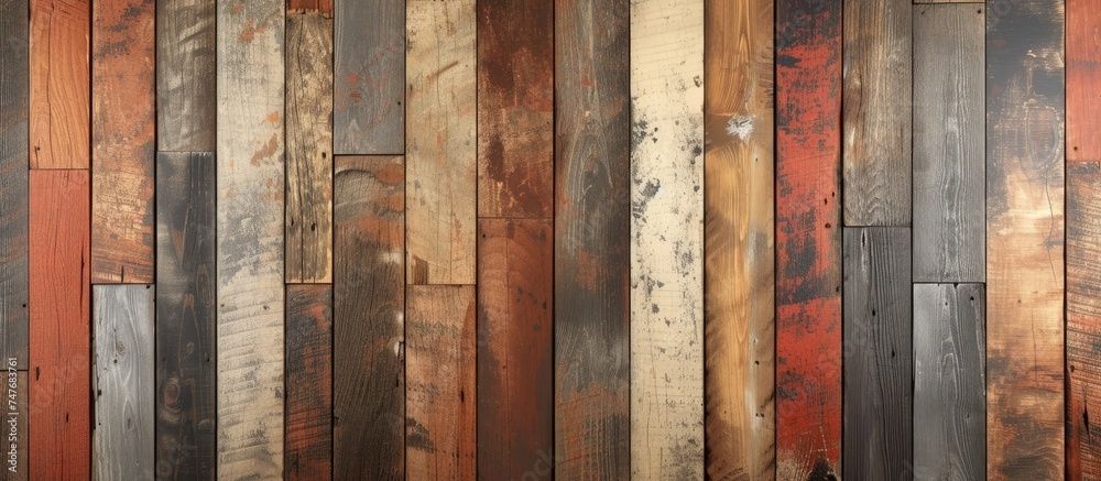 This close-up photo showcases a wall constructed with rustic wood planks, exuding a grunge aesthetic. This close-up photo showcases a wall constructed with rustic wood planks, exuding a grunge aesthetic.