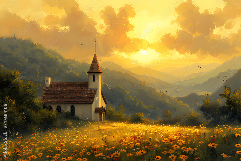 A countryside church among green hills at golden sunset