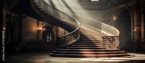 The sunlight streams through the windows of an old building  illuminating a staircase with a historical charm. The wooden steps and intricate railings hint at the buildings age and character.