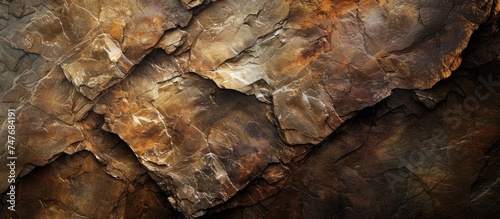 A mesmerizing fusion of brown rocks and texture is depicted in this close-up photo with a sky background.