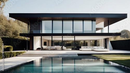 Modern villa with a minimalist exterior, incorporating clean lines and large glass panels © Damian Sobczyk