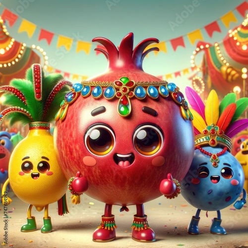 Animated fruits in festive costumes at a colorful carnival photo