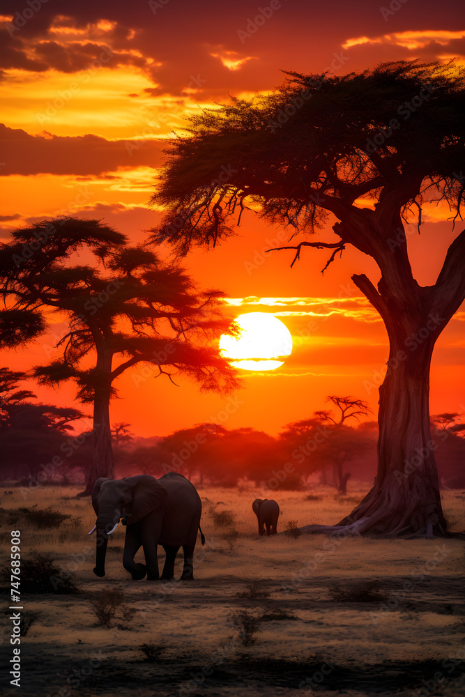 Her Majesty's Court: The Majesty of African Elephants Migrating Across Twilight Savannah