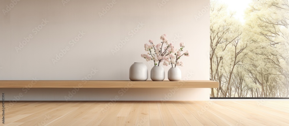 A white vase is placed on top of a wooden shelf, adding a minimalistic touch to a modern dining room with big windows and a parquet floor. A white vase is placed on top of a wooden shelf, adding a minimalistic touch to a modern dining room with big windows and a parquet floor.