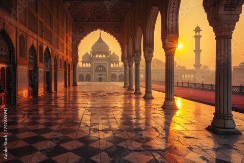 beautiful view of the mosque with the morning sun in the background - generative ai