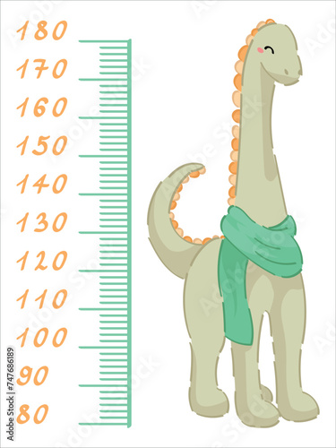 Cute dinosaur measuring height on white background