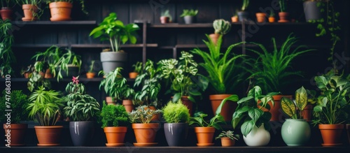 A collection of beautiful indoor green plants growing in various pots placed neatly on a shelf, adding a touch of nature to the indoor space.