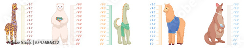 Set of cute animals measuring height on white background