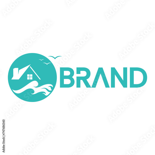 vector logo of house and beach waves in a teal color circle