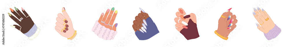Hands of women with beautiful manicure on white background