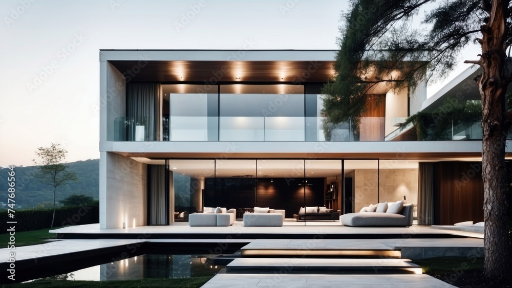 Fototapeta premium Modern villa with a minimalist exterior, incorporating clean lines and large glass panels