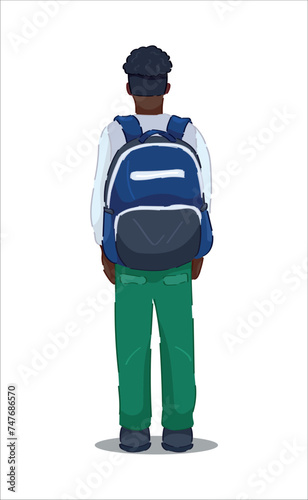 African-American schoolboy with backpack on white background, back view