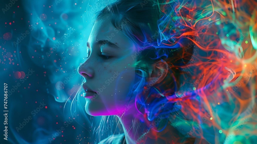 A girl with a background in surreal design using acid colors. Will reflect overload with thoughts and digital technologies.