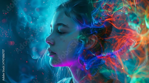 A girl with a background in surreal design using acid colors. Will reflect overload with thoughts and digital technologies.