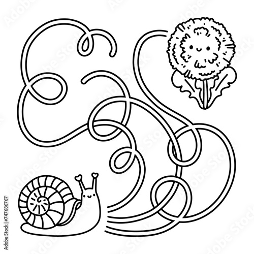 Simple maze game. Find a way from cute snail to flower. Black and white ready to print worksheet for preschool fun activity. Outlined vector illustration for kids.